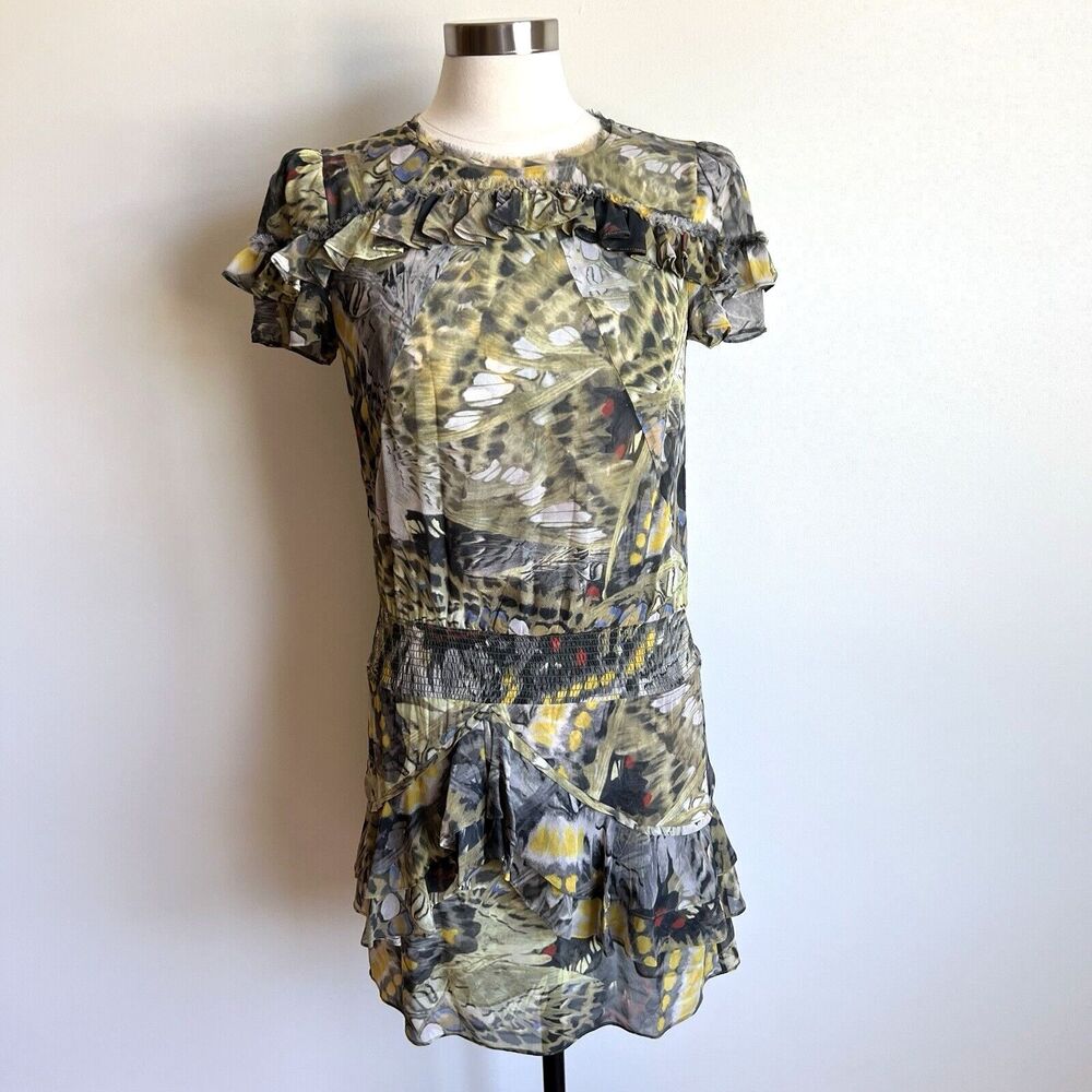 Skaist Taylor Dress Women's Small Green Silk Elastic Ruched Mini Ruffle Dress